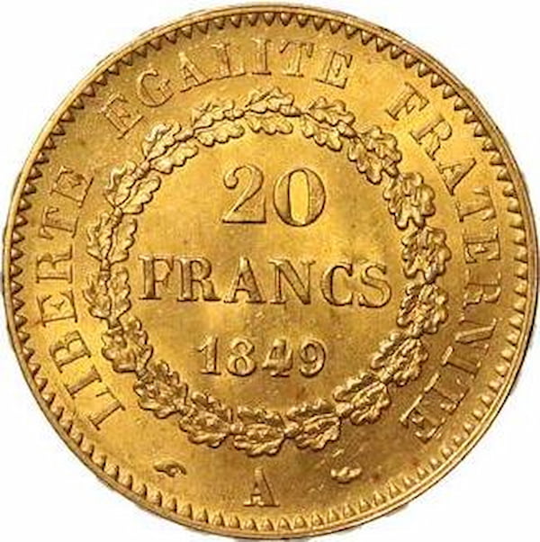 Pièce 20 Francs Or Génie 1848 et 1849 Verso