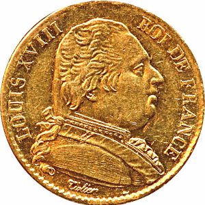 Pièce 20 Francs Or Louis XVIII Buste Habillé