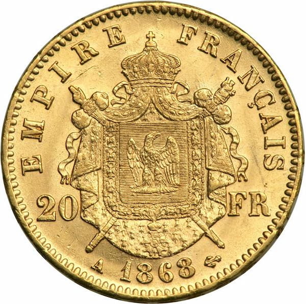 Pièce 20 Francs Or Napoléon III Tête Laurée Verso
