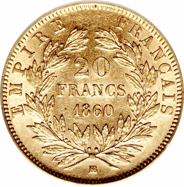 Pièce 20 Francs Or Napoléon III Tête Nue Verso