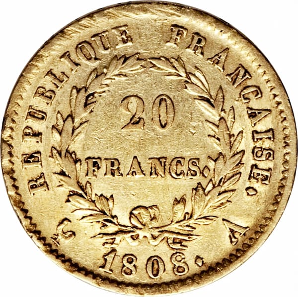 Pièce 20 Francs Or Napoléon Ier 1807 et 1808 Verso