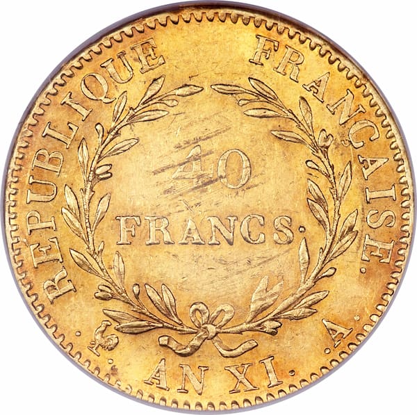 Pièce 40 Francs Or Bonaparte An XI et An 12 Verso