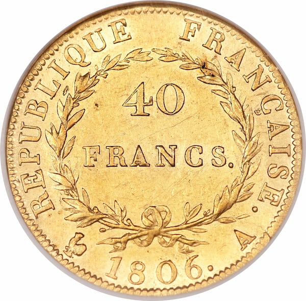 Pièce 40 Francs Or Napoléon Ier 1806 et 1807 Verso