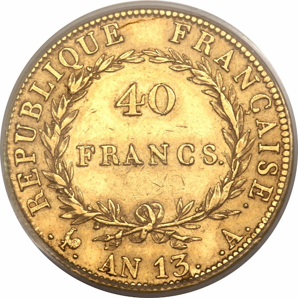 Pièce 40 Francs Or Napoléon Ier An 13 et An 14 Verso