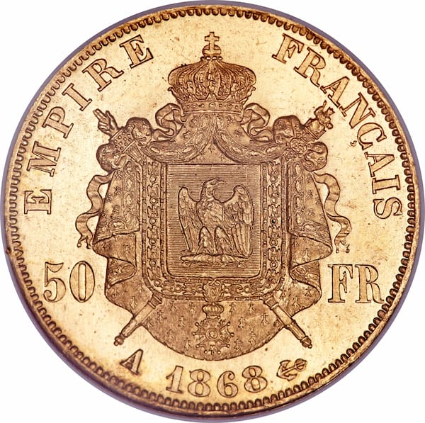 Pièce 50 Francs Or Napoléon III Tête Laurée Verso