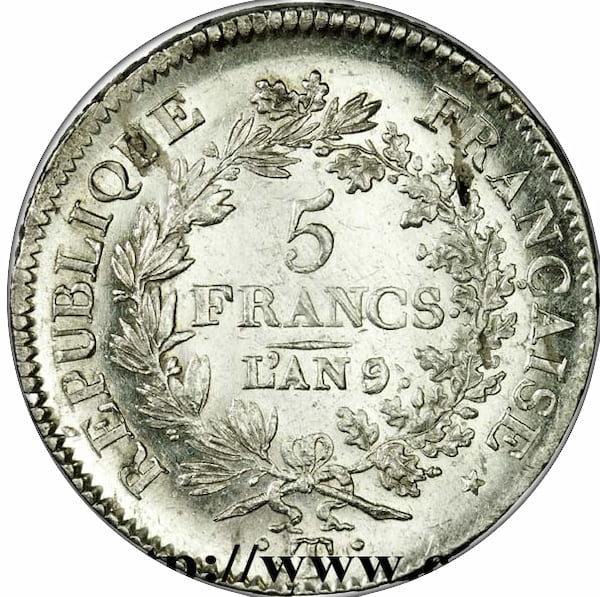 Pièce 5 Francs Union et Force du Consulat Recto
