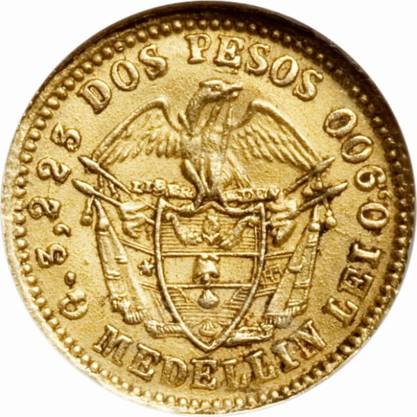 Pièce 2 Pesos Or Colombie 1863 v