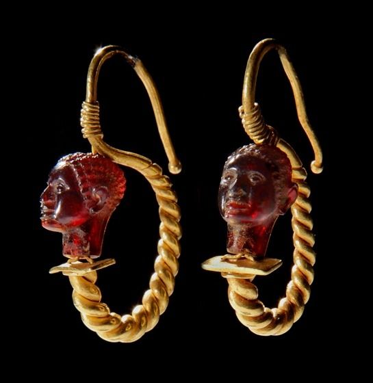Greco-Roman Gold Earrings with Garnet African Heads, 2nd Century BC-1st Century AD.jpeg
