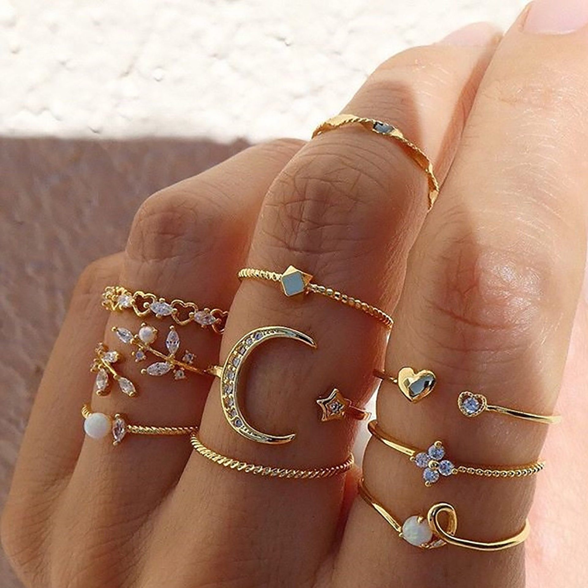 10pcs_set Gold Ring Set, Vintage Moon and Star Ring Set, Stacking Ring Set, Boho Style Ring Set, Midi Rings, Trendy Statement Ring,Nice Gift 10pcs_set Gold Ring Set, Vintage Moon and Star Ring Set, Stacking Ring Set, Boho Style Ring Set, Midi Rings, Trendy Statement Ring,Nice Gift