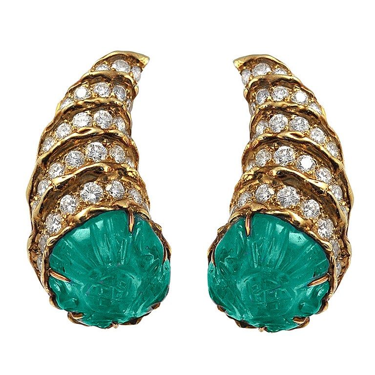 Fred Paris Carved Emerald Diamond Gold Earclips Fred Paris Carved Emerald Diamond Gold Earclips