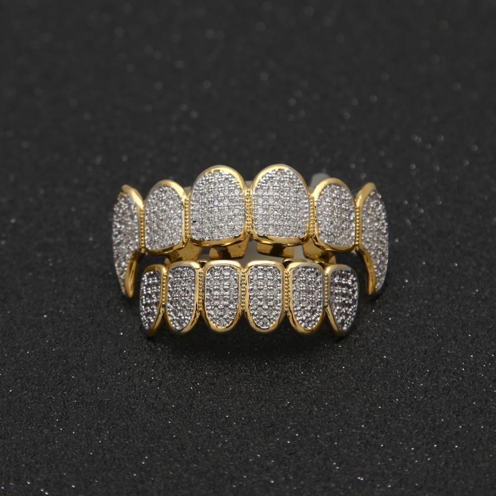 Gold Hip-Hop Cubic Zircon Teeth Grillz - 14K Gold