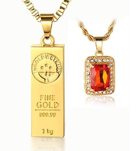HALUKAKAH in Gold WE Trust Le Collier de l'homme en 18K Or Véritable et Doré avec Lingot d'or Rubis Rouge Pendentif avec La Chaîne à Cordes DE 24_ La Chaîne à Boîte DE 30_ Gratuit