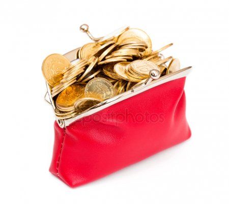 Red purse full of gold coins on a white Red purse full of gold coins on a white