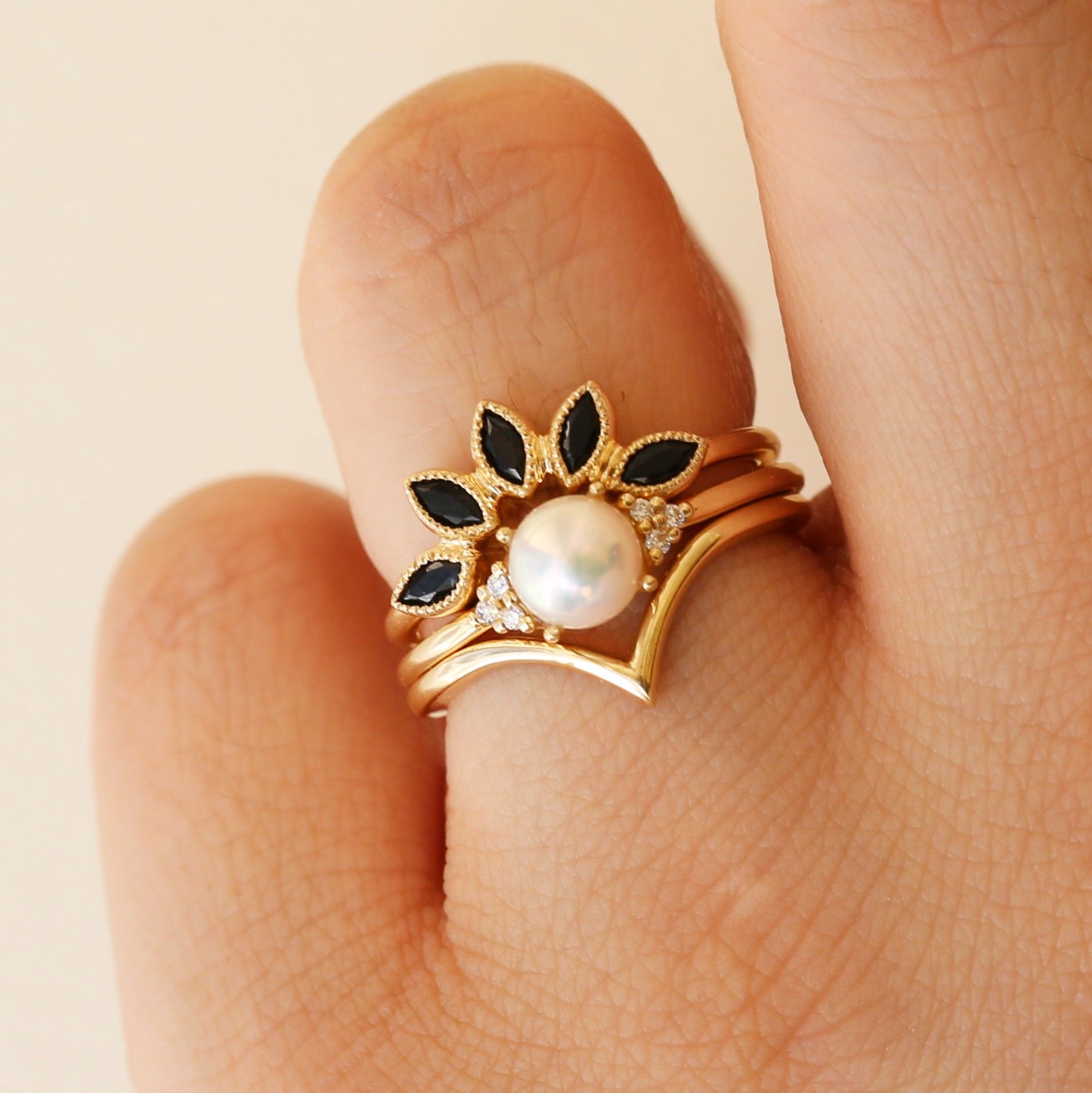 Rosados Box Stacked Look - Black Onyx Petunia Ring, Pearl Mio Ring, And Chevron Willow Ring