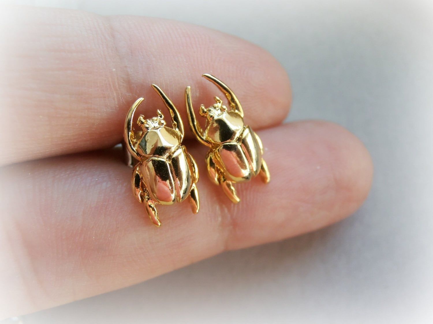 Scarab Gold Beetle Earrings - Insect Studs - Solid Brass Gold Plated - Unisex Men studs - Tiny Cartilage Earring