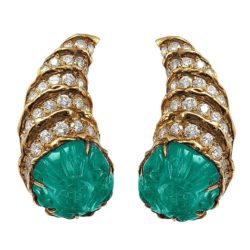 Fred Paris Carved Emerald Diamond Gold Earclips