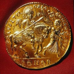Justinian I, Byzantine Emperor from 483 to 565 AD, gold coin, Archaeological Museum, Istanbul, Turkey