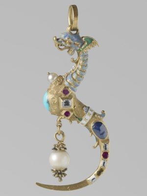 Pendant_toothpick made of gold, enamel, pearls and…