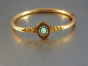 Victorian Gold Filled Fire Opal and Seed Pearl Bangle Bracelet.jpeg